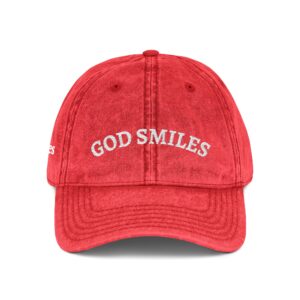 Embroidered Vintage Red Cap — "GOD SMILES" Faith Baseball Hat
